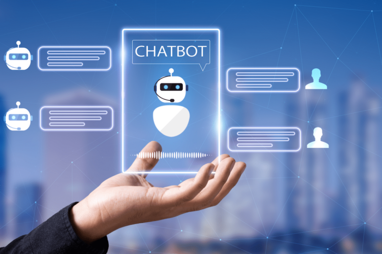 Ilustrasi chatbot interaktif yang muncul di layar smartphone dibarengi dengan percakapan digital.
