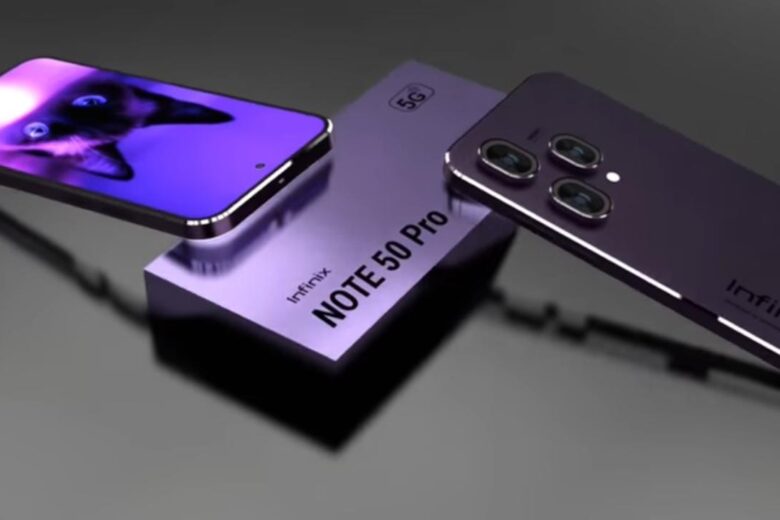 Infinix Note 50 Pro dengan box, menampilkan desain elegan dan layar berwarna menarik
