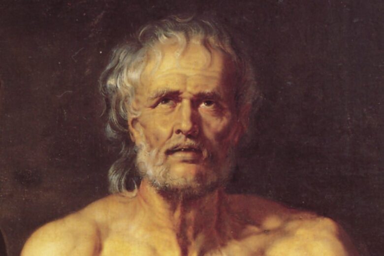 Lukisan potret Lucius Annaeus Seneca dengan latar belakang gelap