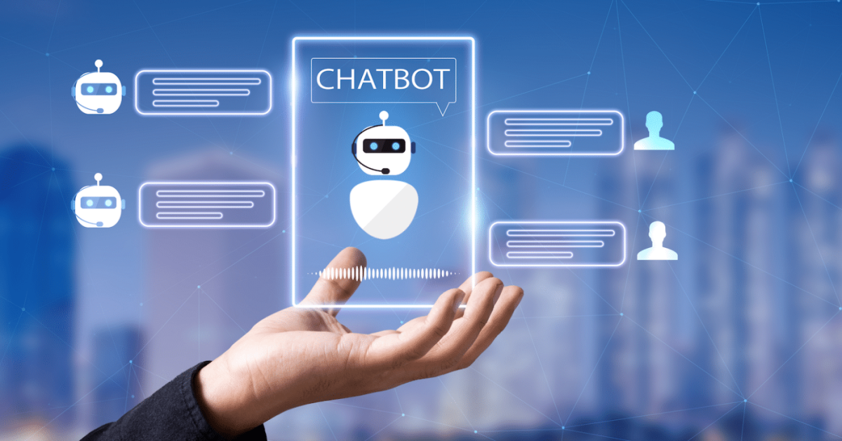 Ilustrasi chatbot interaktif yang muncul di layar smartphone dibarengi dengan percakapan digital.