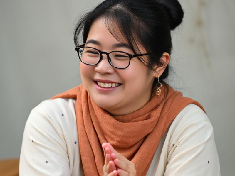 A smiling young woman with black hair pulled back in a bun, wearing glasses and a light brown scarf, with her hands clasped in front of her.