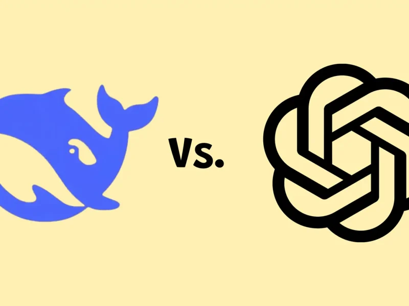 Logo Deep Seek vs. Logo Chat GPT Logo Deep Seek di sebelah kiri dan logo Chat GPT di sebelah kanan, keduanya di latar belakang kuning dengan "VS." di antaranya.
