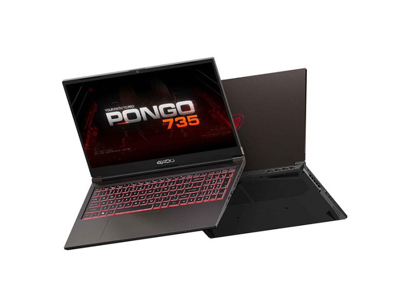 Laptop hitam dengan keyboard dengan lampu latar merah dan tulisan "PONGO 735" di layar.