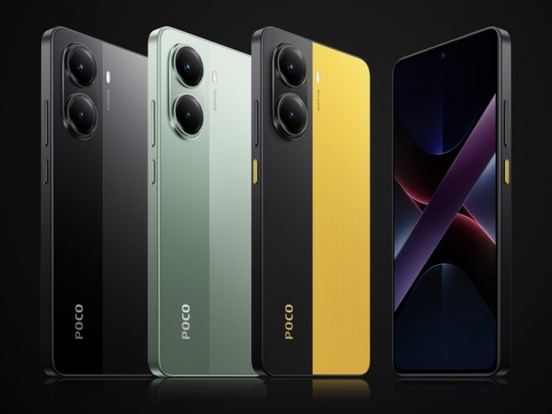 Poco X7 Pro smartphone terbaru dengan variasi warna hitam, hijau, dan kuning di latar belakang gelap.