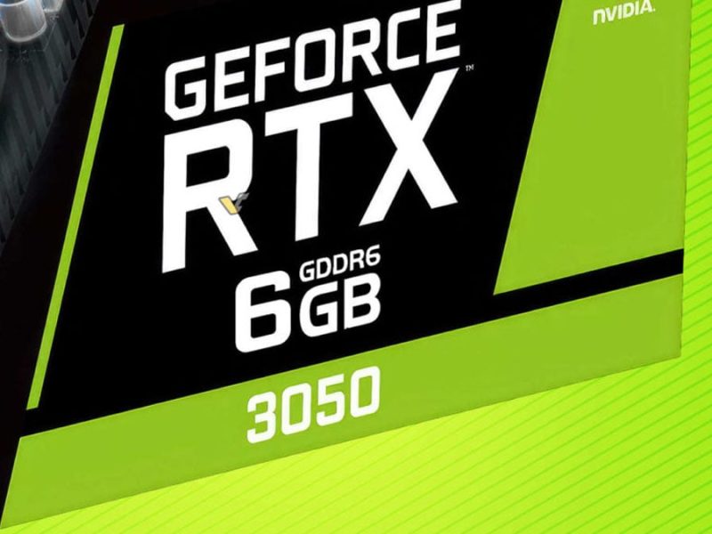 Gambar kotak kartu grafis NVIDIA GeForce RTX 3050. Kotak tersebut berwarna hijau dan hitam, dengan logo GeForce RTX berwarna putih dan angka 3050 berwarna putih di bawahnya. Teks "GDDR6 6GB" juga terlihat berwarna putih pada kotak tersebut.