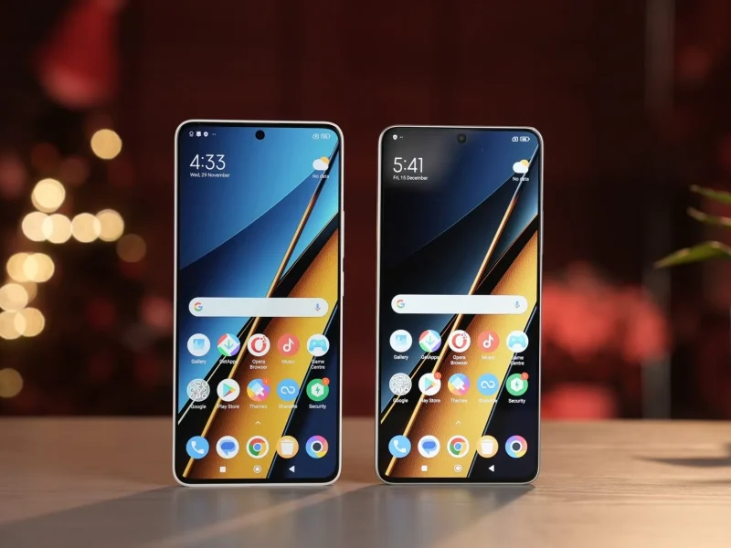 Poco X7 Pro modern berdampingan dengan layar menampilkan waktu dan ikon aplikasi di atas meja.