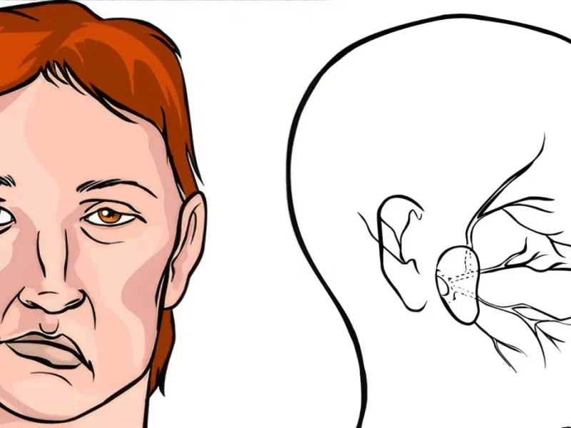 Bell's palsy, suatu kondisi yang menyebabkan kelumpuhan wajah, sering kali memengaruhi satu sisi wajah. Gambar ini menggambarkan Bell's palsy dan saraf wajah yang terpengaruh.