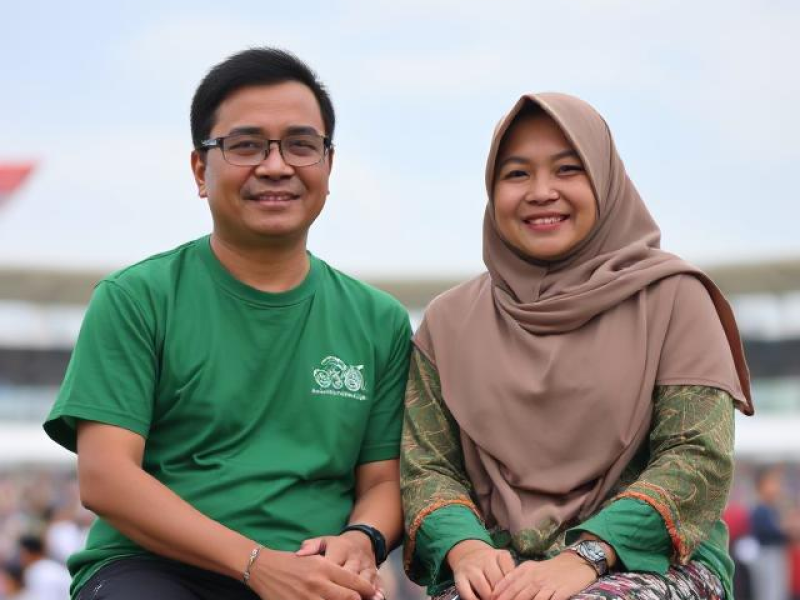 A man and a woman are sitting together, both smiling at the camera. The man is wearing a green shirt and black pants. The woman is wearing a brown hijab and a floral skirt.