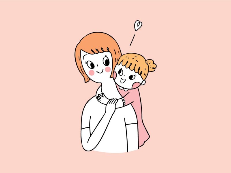 Ilustrasi ibu dan anak yang berpelukan dengan latar belakang pastel.