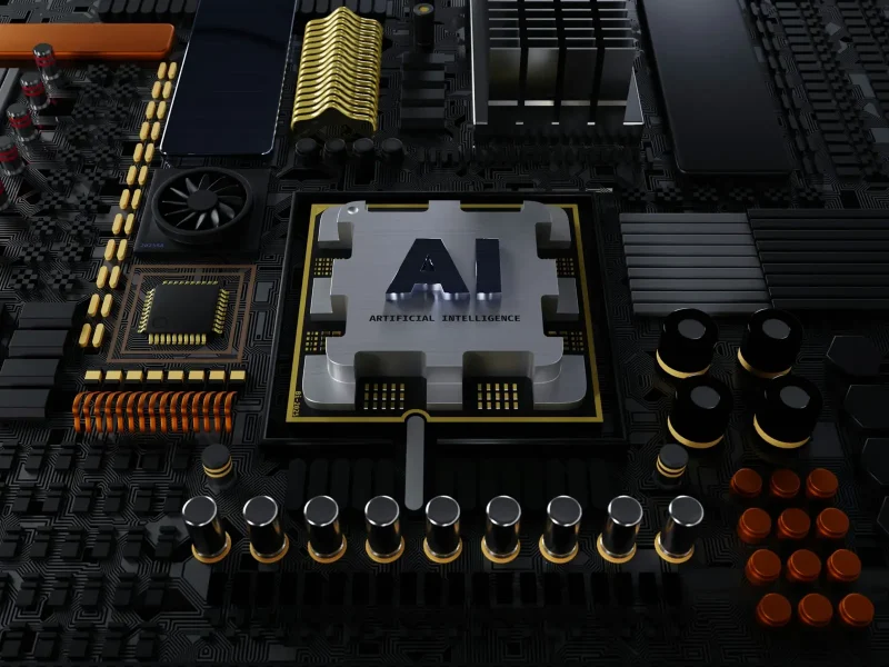 Kecerdasan Buatan pada Papan Motherboard Pemandangan dekat dari papan motherboard dengan huruf "AI" berwarna perak, menonjol dengan latar belakang hitam dengan kata "Kecerdasan Buatan" di bawahnya.