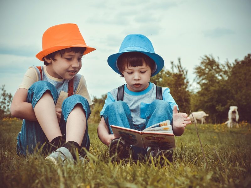 Dua anak laki-laki mengenakan topi berwarna cerah sedang membaca buku di padang rumput.