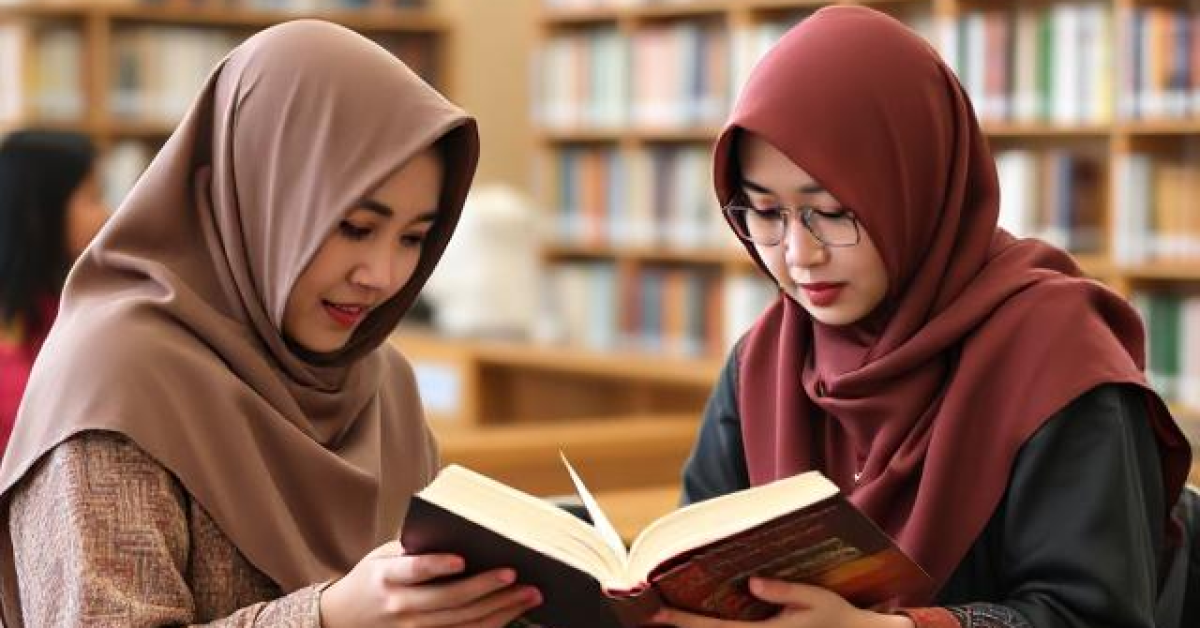 Two women wearing headscarves sit at a table in a library, reading books.