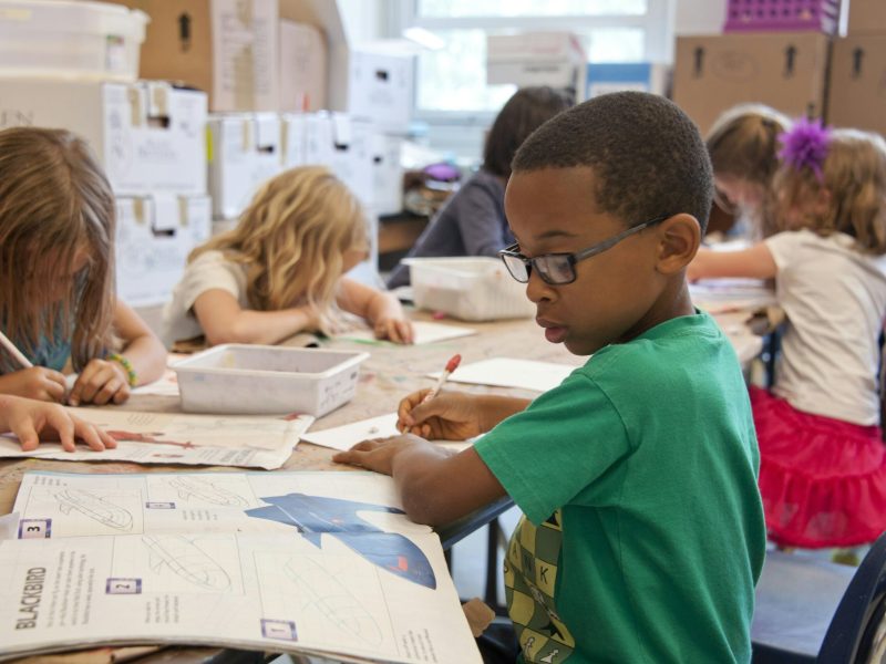 Sekelompok anak-anak sedang berkarya di kelas seni, dengan fokus pada seorang anak laki-laki mengenakan kacamata yang sedang menggambar.