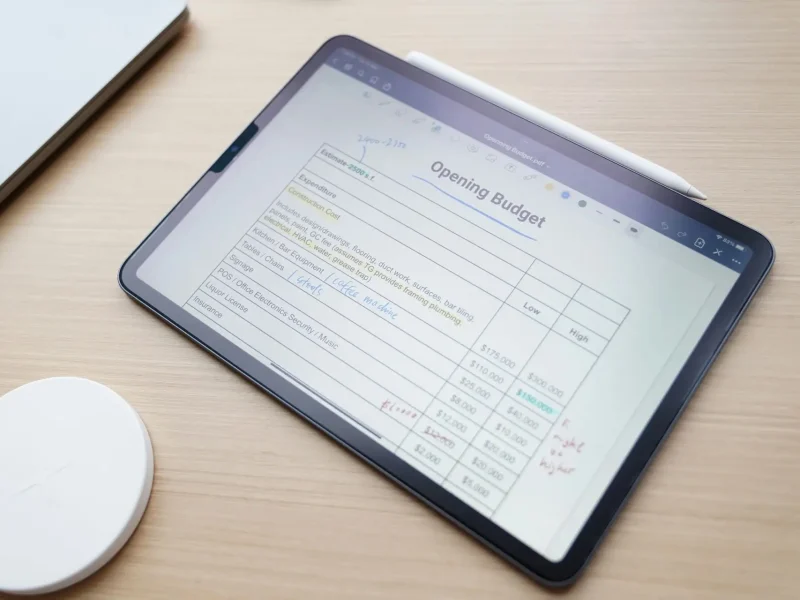 Sebuah tablet dengan spreadsheet anggaran pembukaan tulisan tangan di layar.
