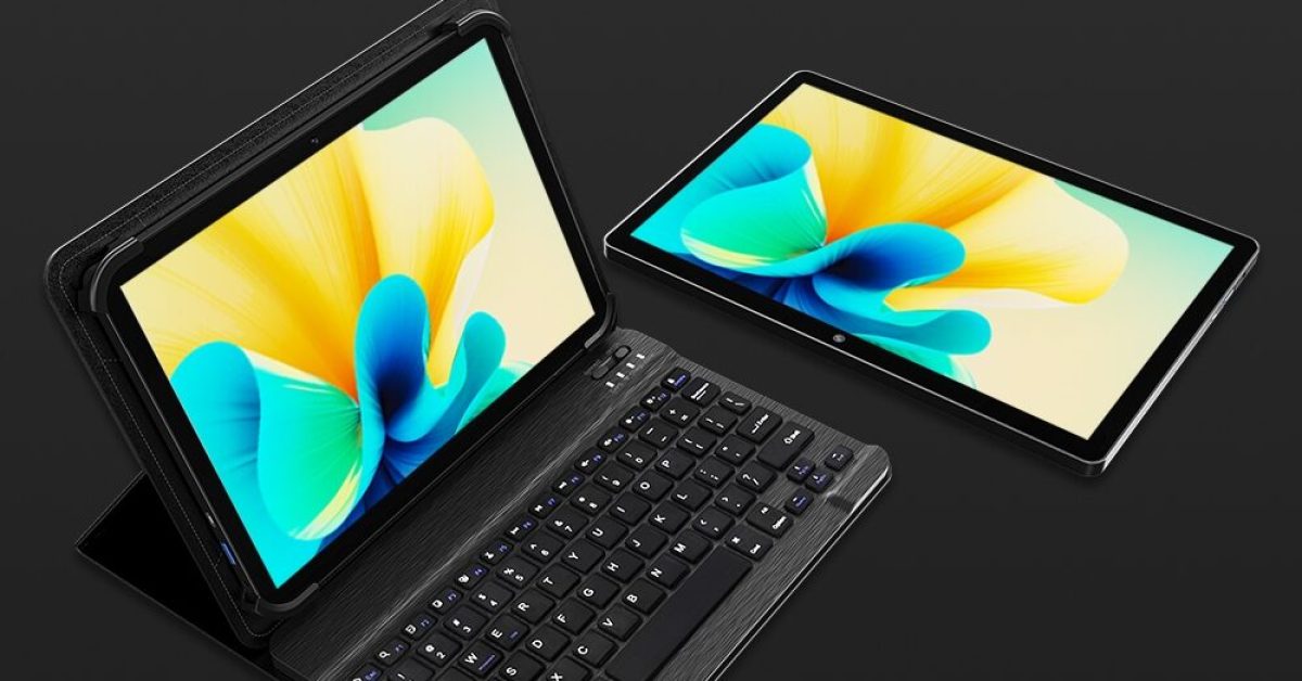 Komputer laptop hitam dengan keyboard yang dapat dilepas. Laptop terbuka dan layarnya menampilkan desain abstrak berwarna kuning dan biru. Keyboardnya berwarna hitam dengan pinggiran perak dan memiliki huruf putih. Teks "Screen keyboard 2-in-1 Windows laptop" ditampilkan dalam huruf emas besar di bagian atas gambar.