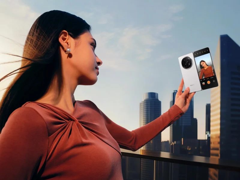 Gadis muda dengan smartphone Oppo Find N5 berpose di depan gedung pencakar langit saat sunset.