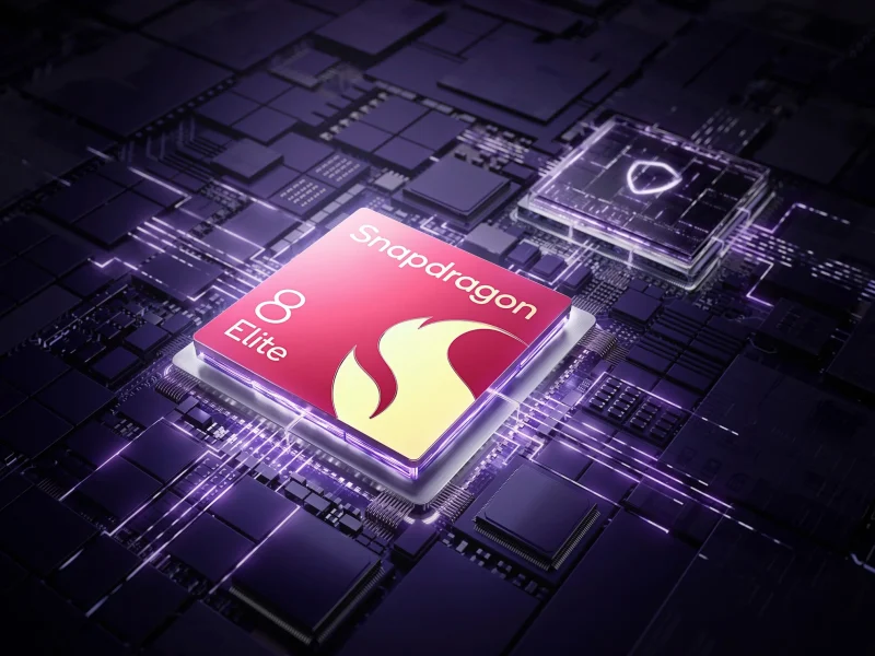 Logo Snapdragon 8 Elite yang mencolok di latar belakang berwarna merah dengan teks mengenai kekuatan prosesor mobile.