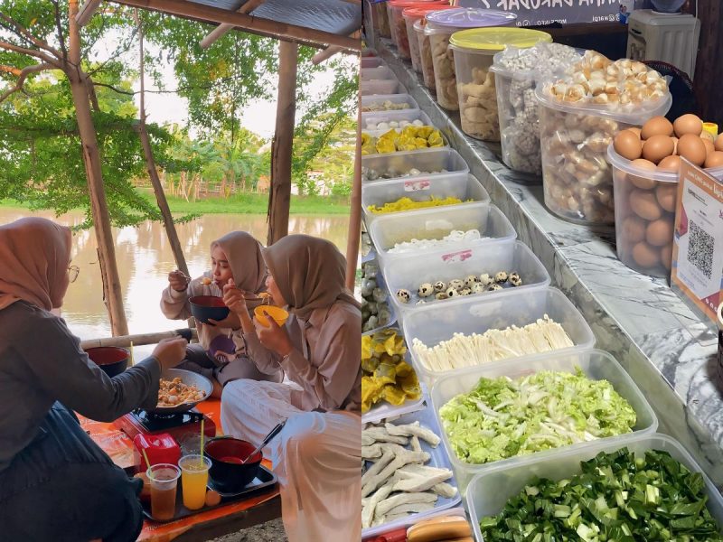 Empat orang wanita menikmati seblak di dekat kolam, sementara di sampingnya terdapat berbagai bahan makanan yang tersedia.